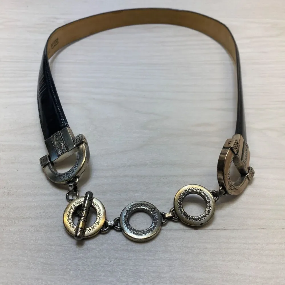 Vintage Brighton Black Leather & Silver Ring Belt Size L 20603 Waist Belt‎